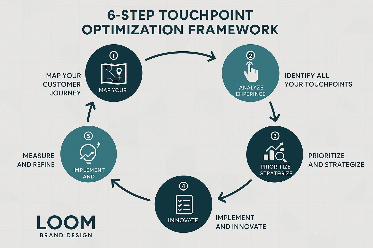 A diagram showcasing the LOOM Touchpoint Framework — a strategic approach to identifying, creating and optimising brand touchpoints to build a cohesive brand identity.
