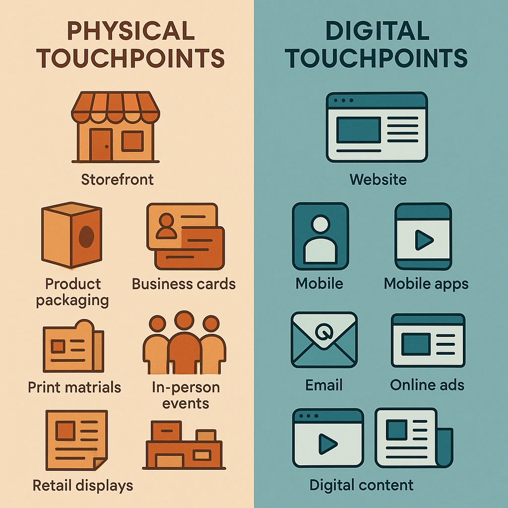 A comparative graphic weighing physical versus digital brand touchpoints, contrasting traditional marketing materials with online platforms like social media and websites.