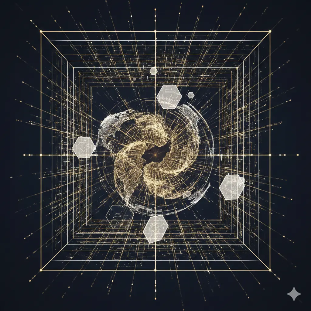 A high-end, abstract 3D data visualization representing global financial architecture.