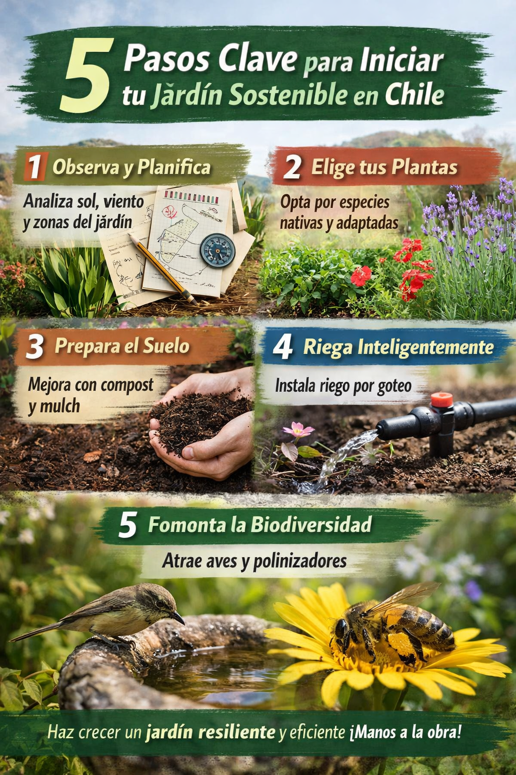 Guía práctica para transformar tu espacio en un jardín resiliente. Desde la planificación y selección de flora nativa hasta el riego eficiente.