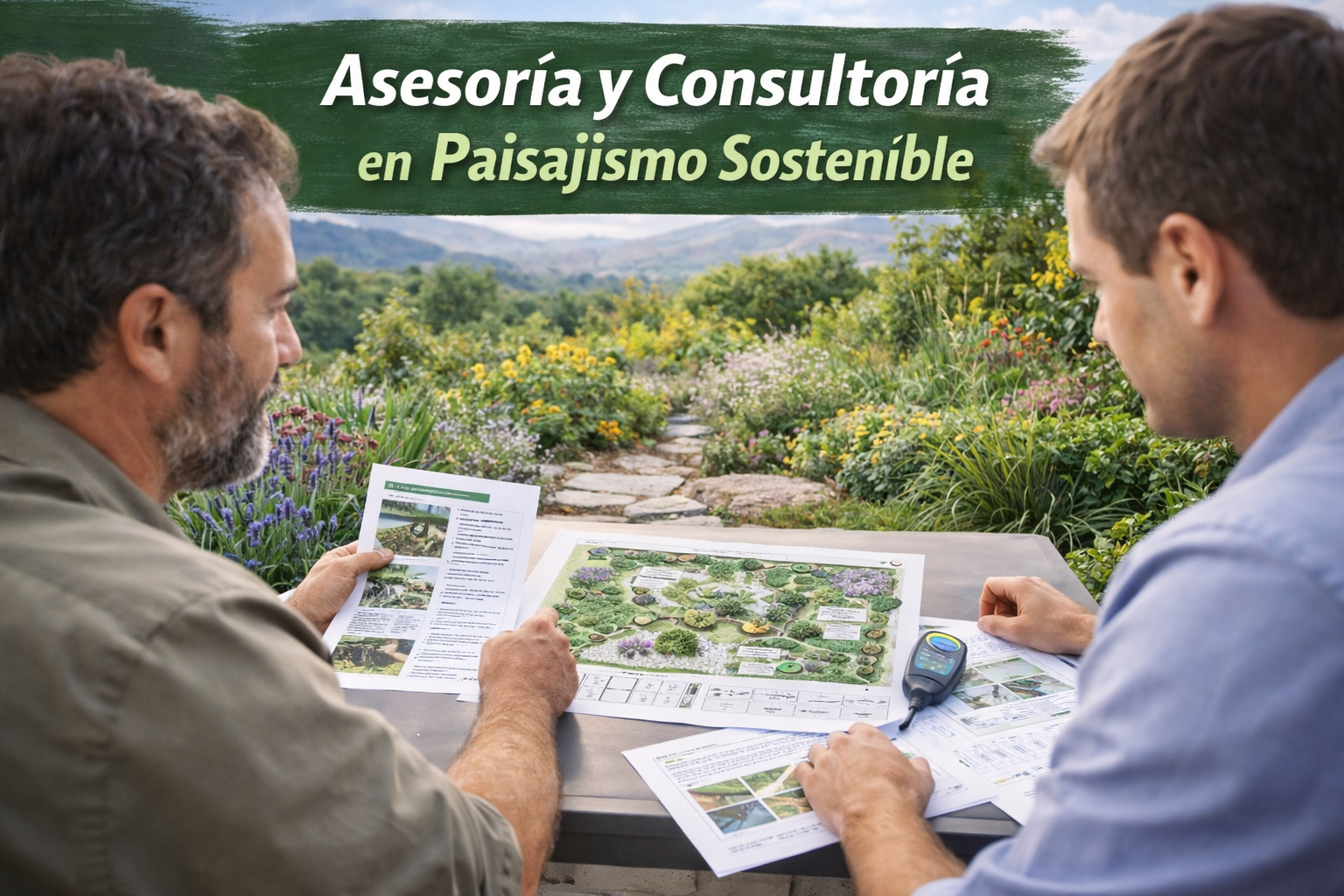 Un consultor de paisajismo revisando planos en un jardín, realizando una asesoría técnica para un proyecto sostenible.