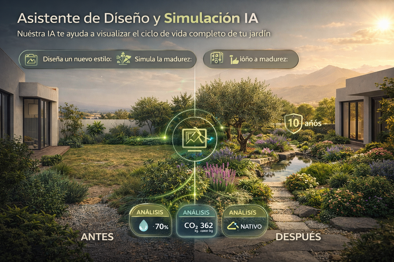 Visualización de un jardín generado por IA, mostrando una propuesta de diseño.