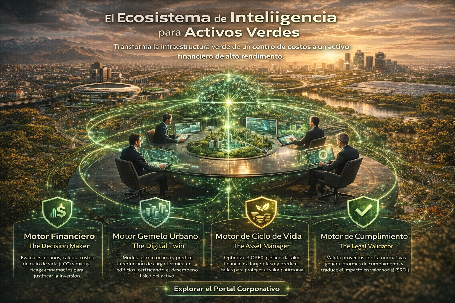 Diagrama del ecosistema de inteligencia de RoMa Espacios Verdes, mostrando la interconexión de sus cuatro motores: Financiero, SUTE, PLOE y UNCP.