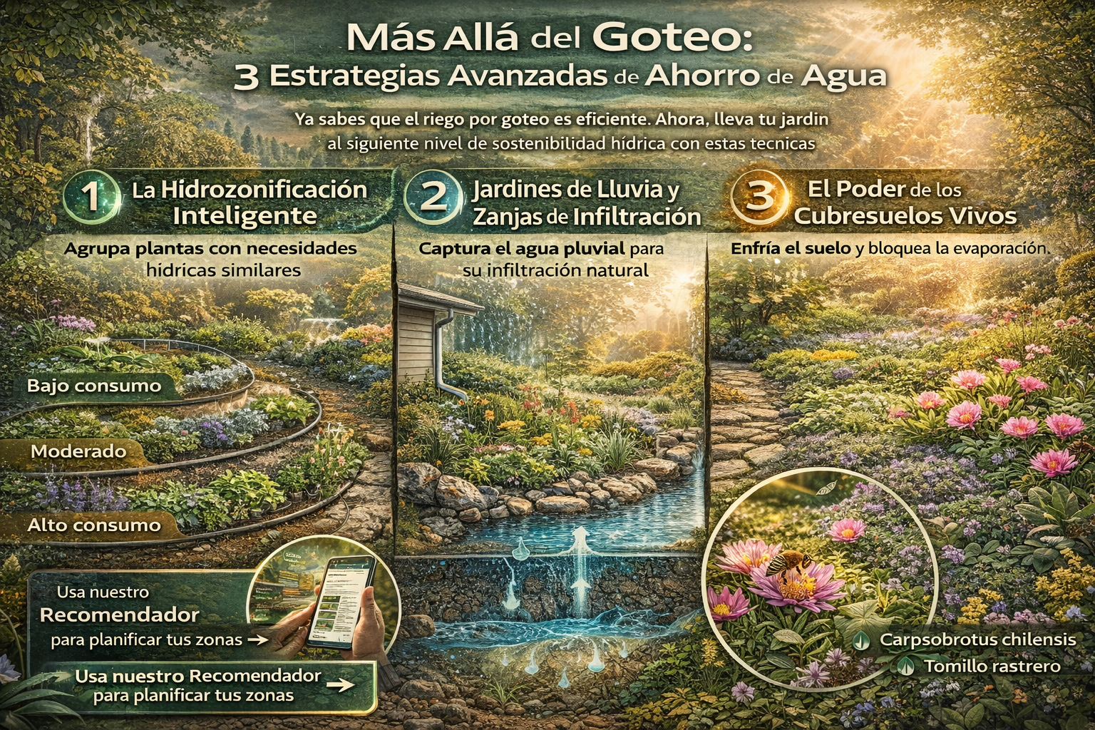 Un jardín de lluvia bien diseñado, con rocas y plantas nativas, que gestiona el agua de forma sostenible.