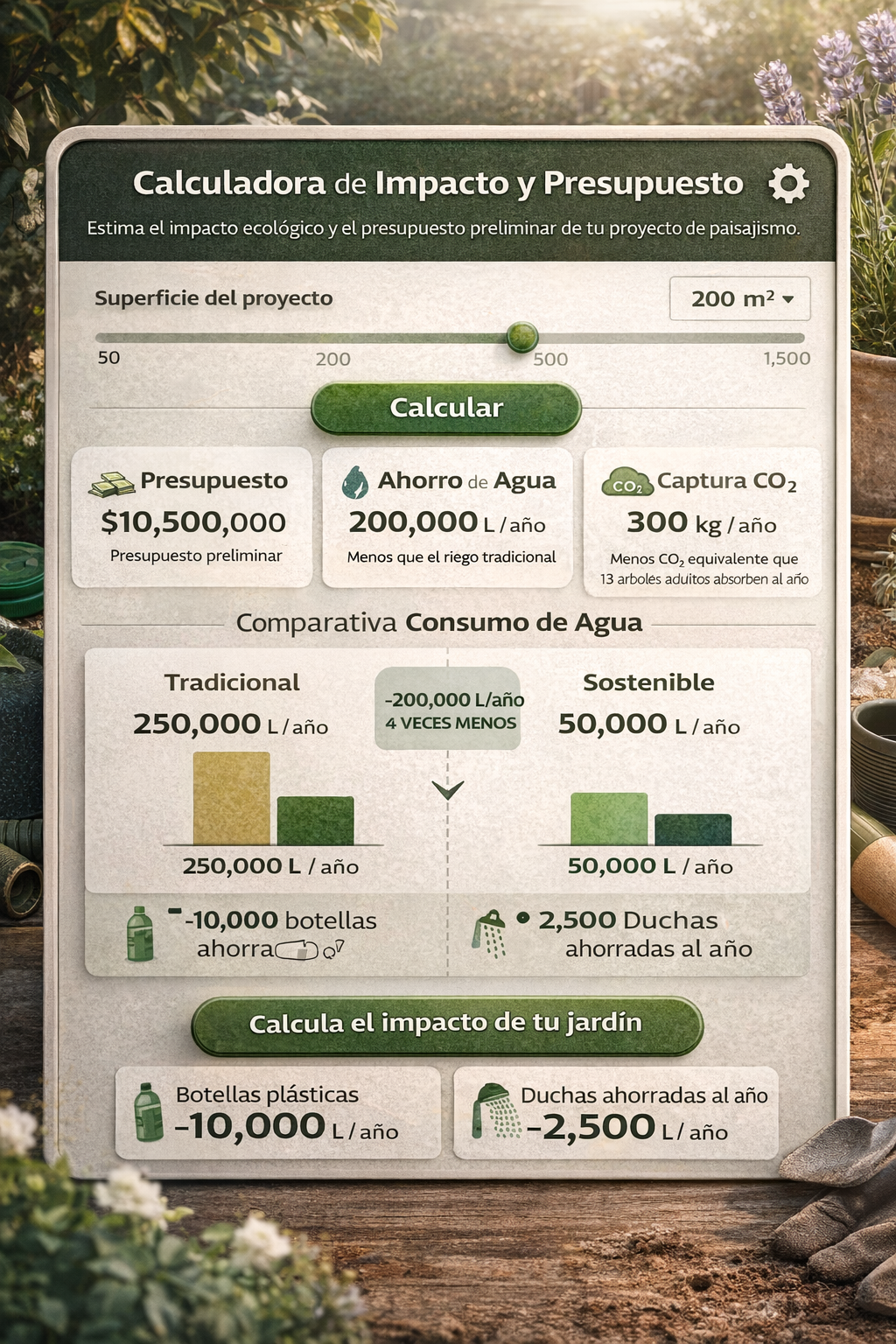 Una interfaz futurista que representa la calculadora de impacto, con gráficos y datos flotando en el aire.