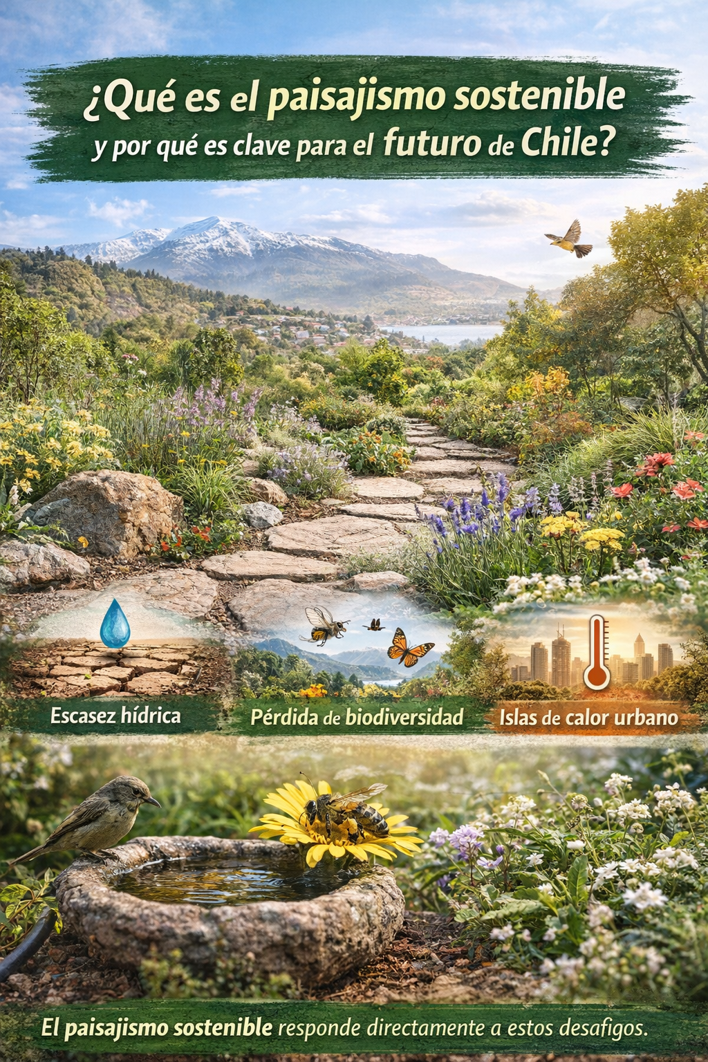 Una guía práctica de paisajismo sostenible, mostrando un jardín chileno bien diseñado y eficiente en el uso del agua.