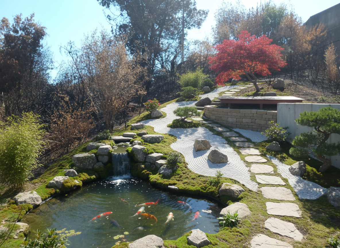 Jardín de estilo Zen con arena rastrillada y rocas.