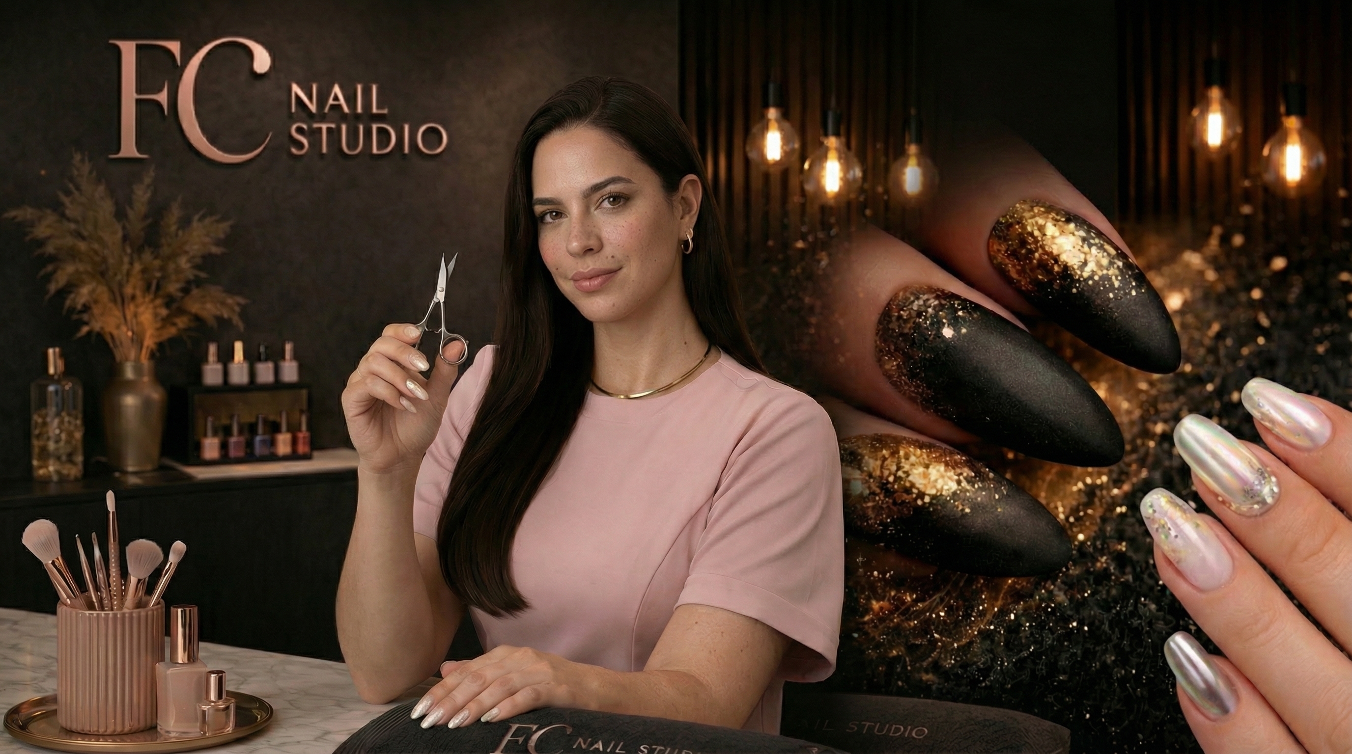 Manos con manicura profesional mostrando diseños de uñas.