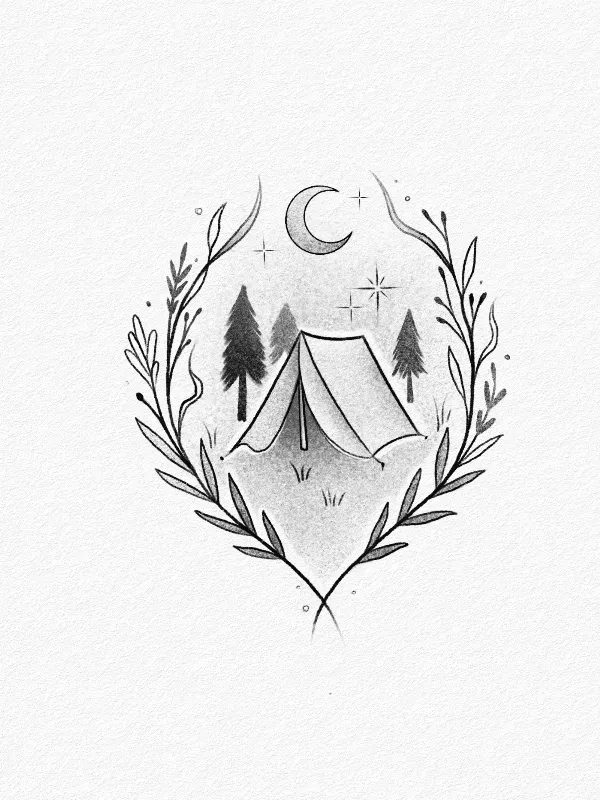 Nocny biwak — gotowy wzór tatuażu do wzięcia, Przytulna Tattoo Katowice