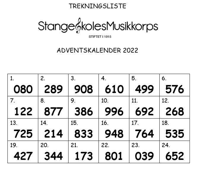 Trekningsliste adventskalender 2022