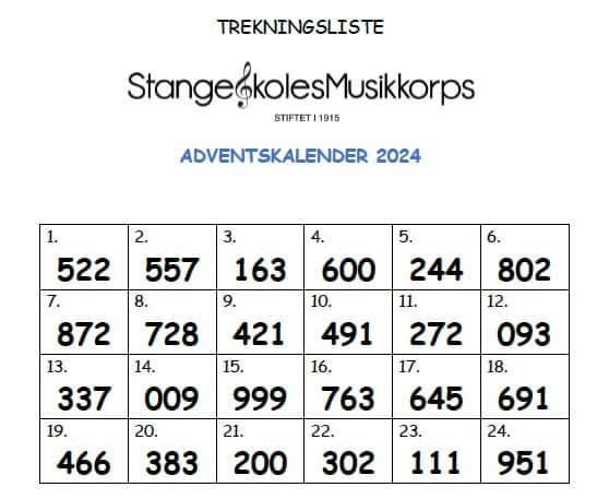 2024 Adventskalender, komplett trekningsliste. 