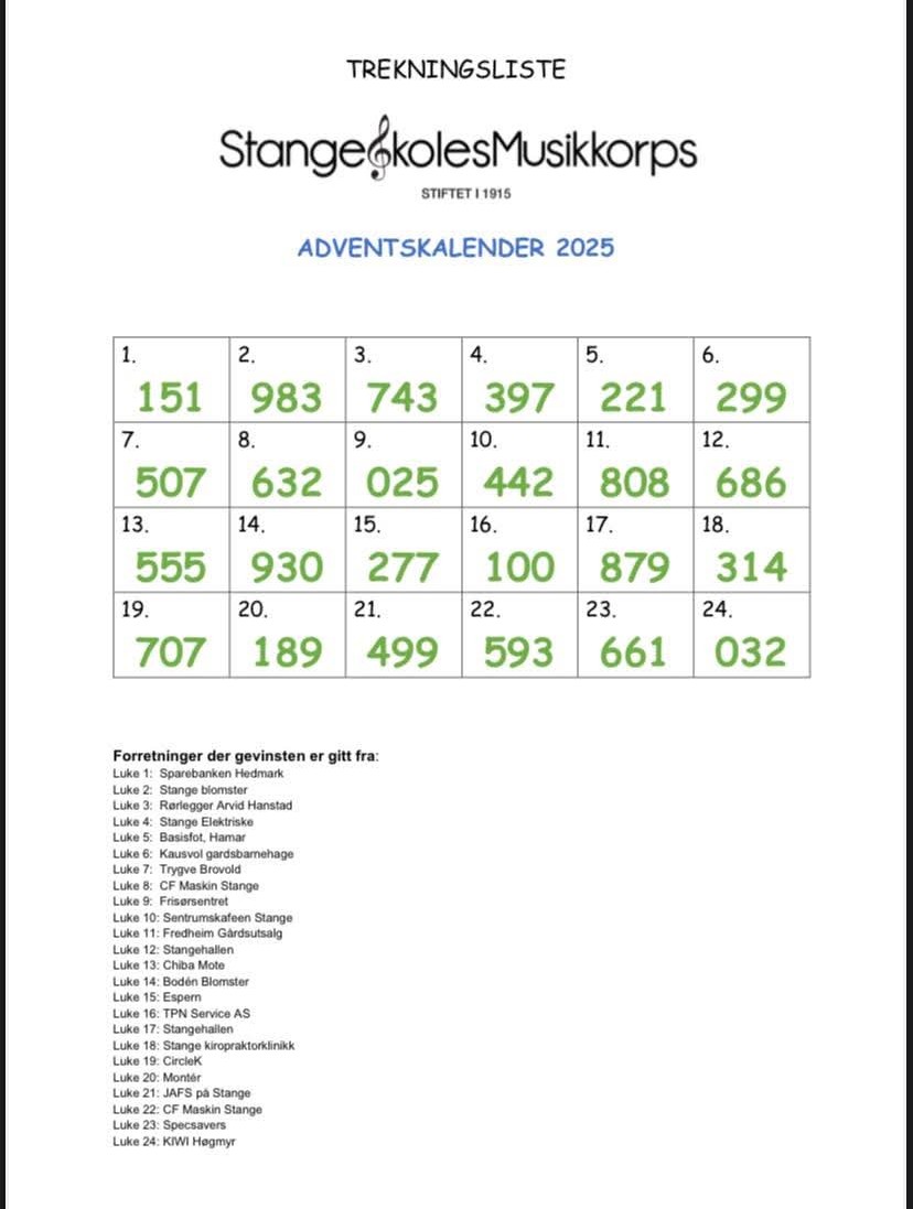 Treknings liste adventskalenderen 2025