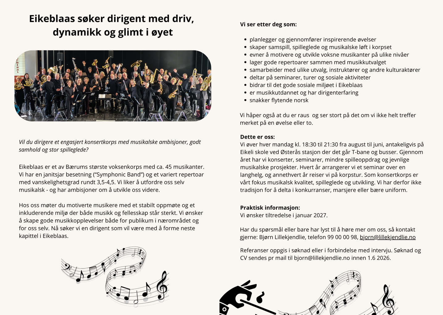Eikeblaas søker ny dirigent med driv, dynamikk og glimt i øyet