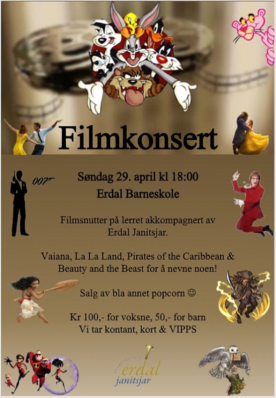 Filmkonsert 29. april kl 18:00 på Erdal Barneskole  (april 2018)