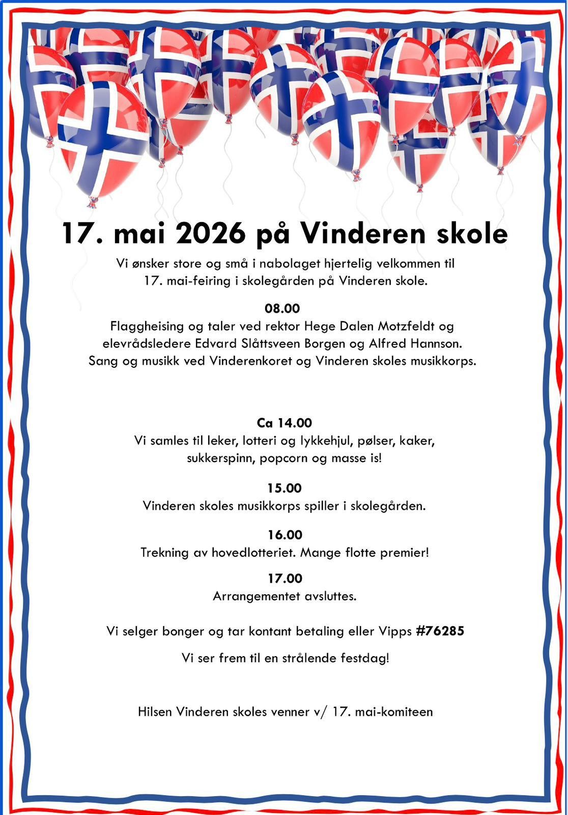 Velkommen til 17.mai-feiring på Vinderen skole