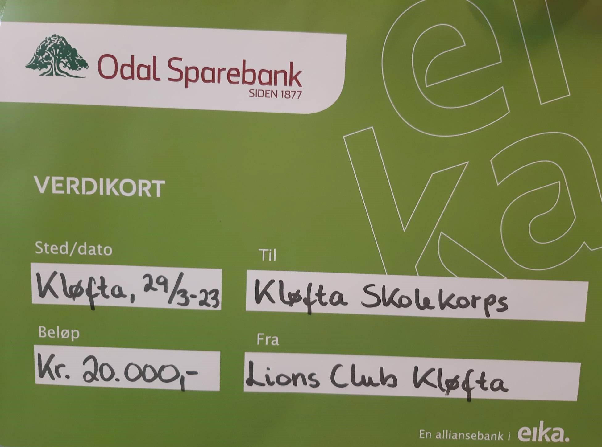 Korpset takker for støtten fra Lions Club Kløfta