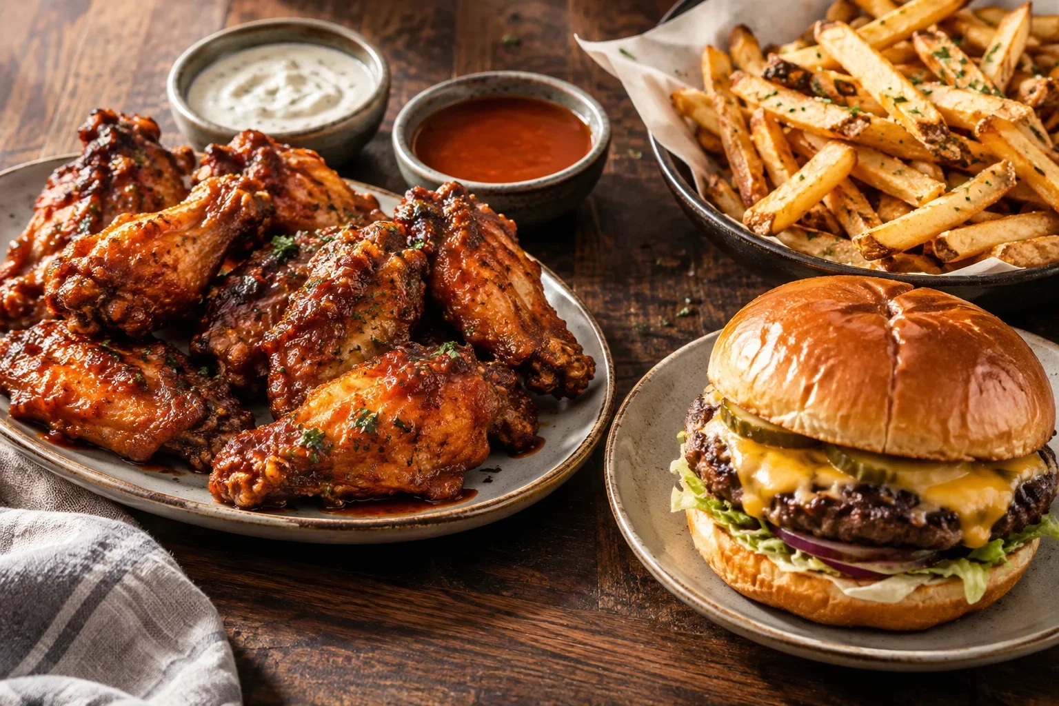 Glazed chicken wings, a cheeseburger, golden fries and dipping sauces on a table