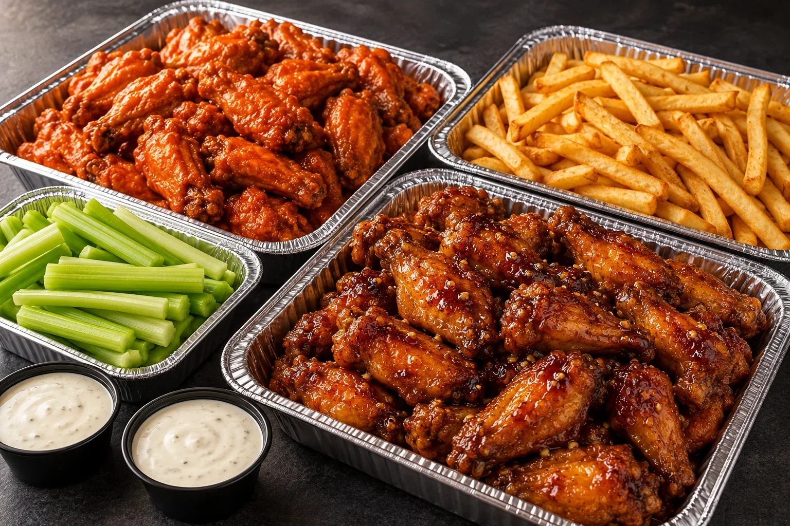 Sharing trays of glazed chicken wings, golden fries, celery and dipping sauces