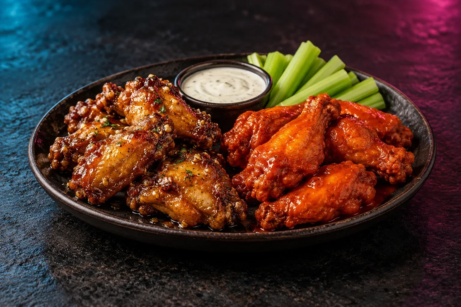 Honey garlic and buffalo chicken wings with celery and ranch dip on a dark platter
