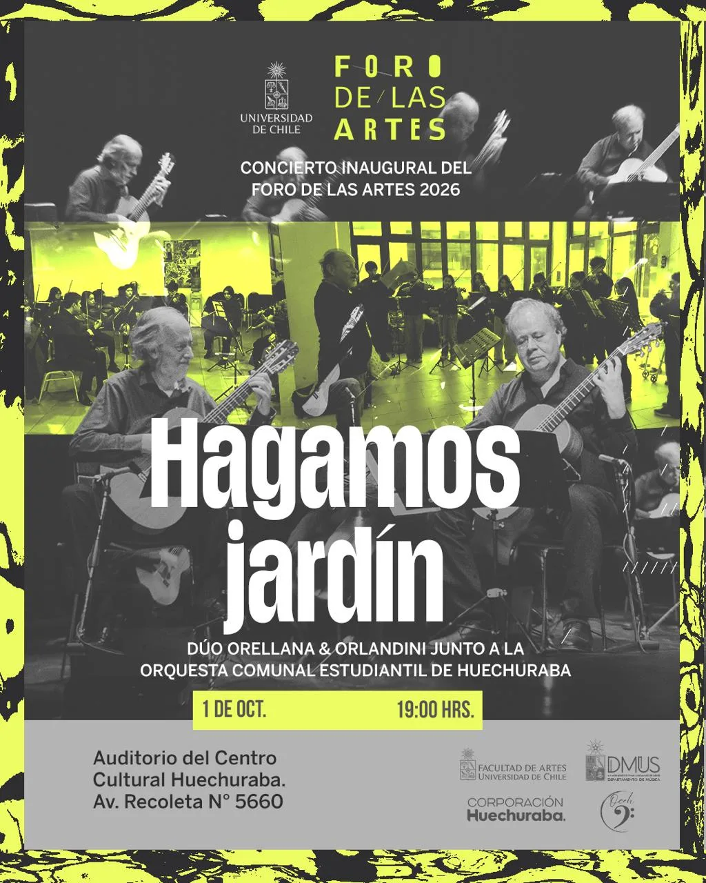 Afiche del concierto inaugural Hagamos jardín del Foro de las Artes 2026, con el dúo Orellana y Orlandini junto a la Orquesta Comunal Estudiantil de Huechuraba