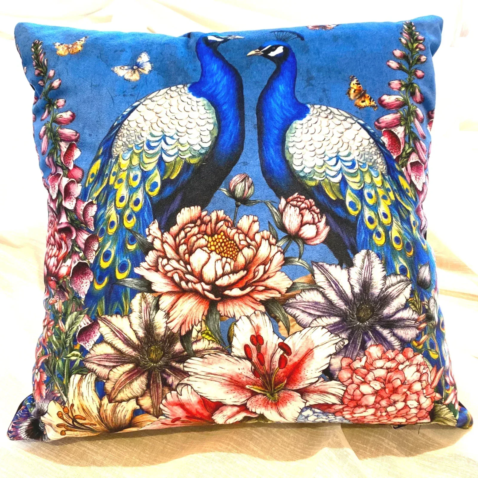 Blue Peacock Velvet Cushion