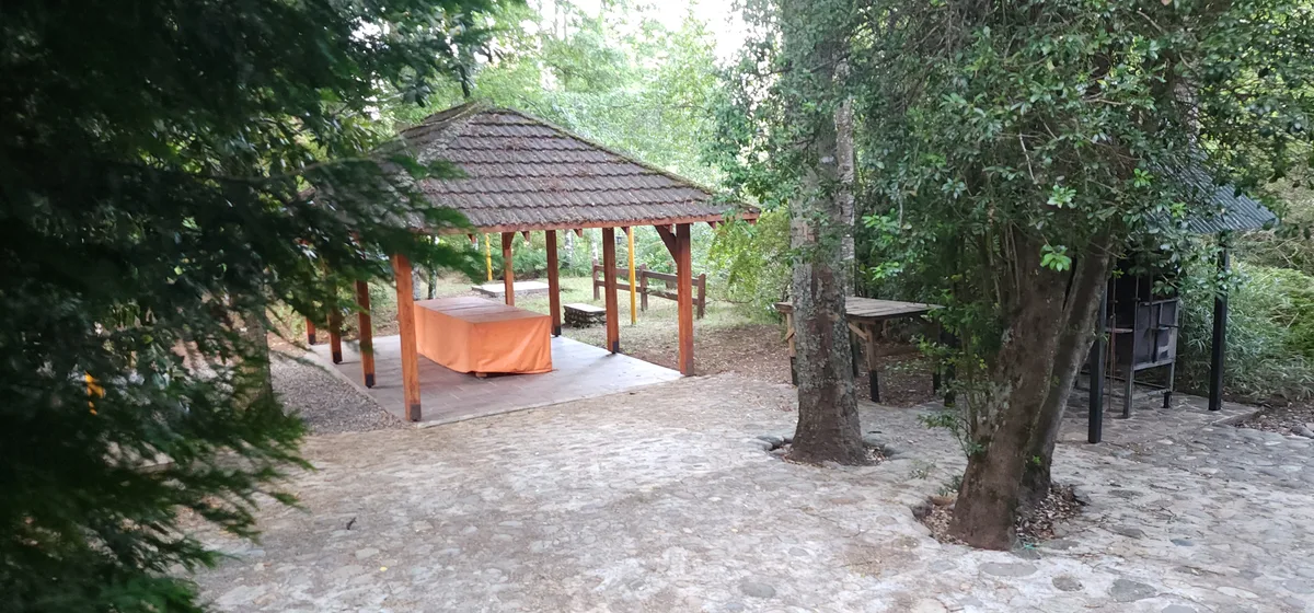 Instalación con cenador y barbacoa al aire libre en área común de Prueba 1, ideal para disfrutar de la naturaleza.