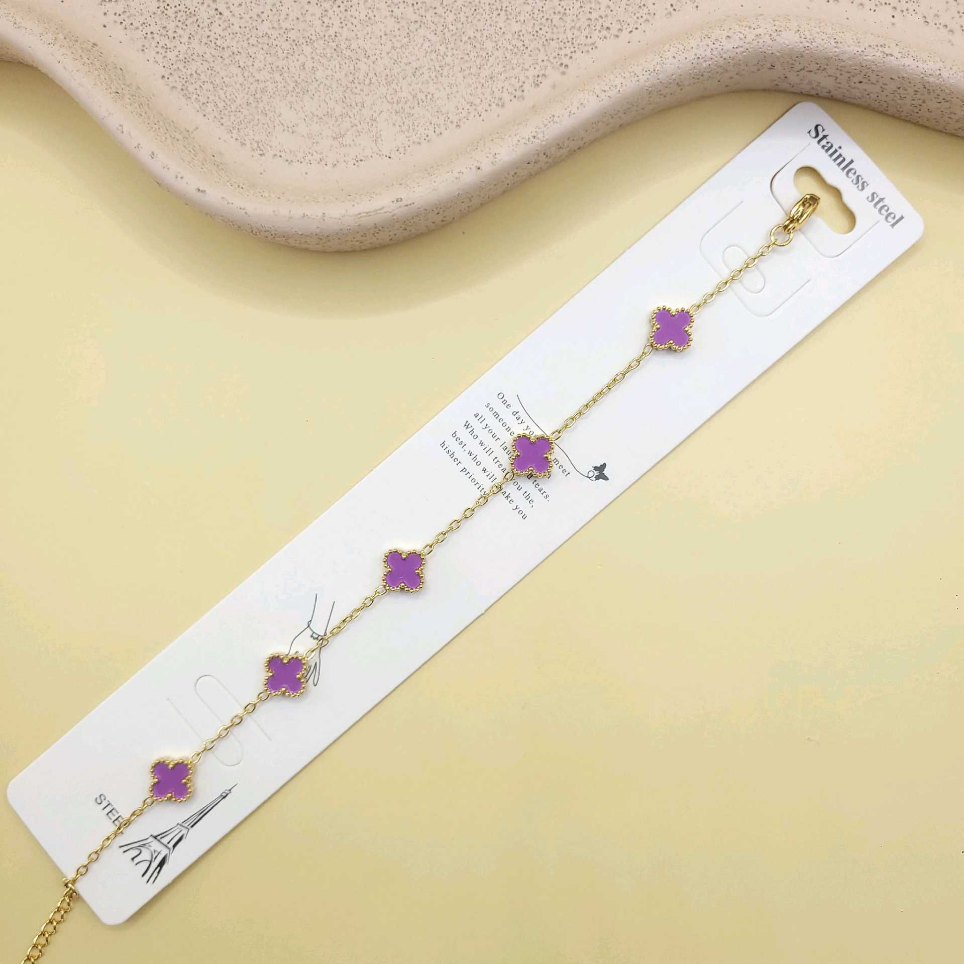 Pulsera Van Cleef violeta bordes dijes pequeños/ acero inoxidable 