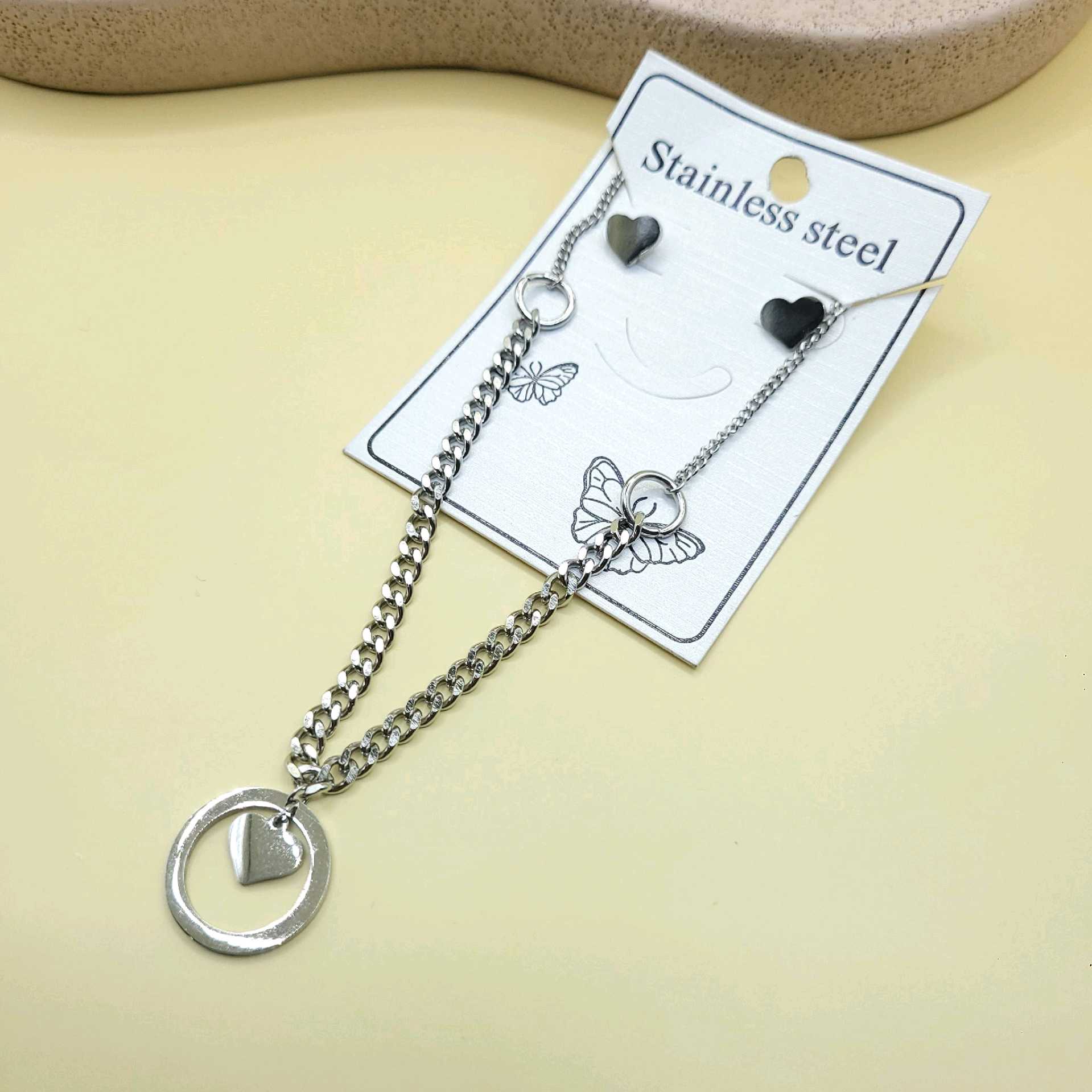 Juego tono plata corazón y círculos / acero inoxidable 