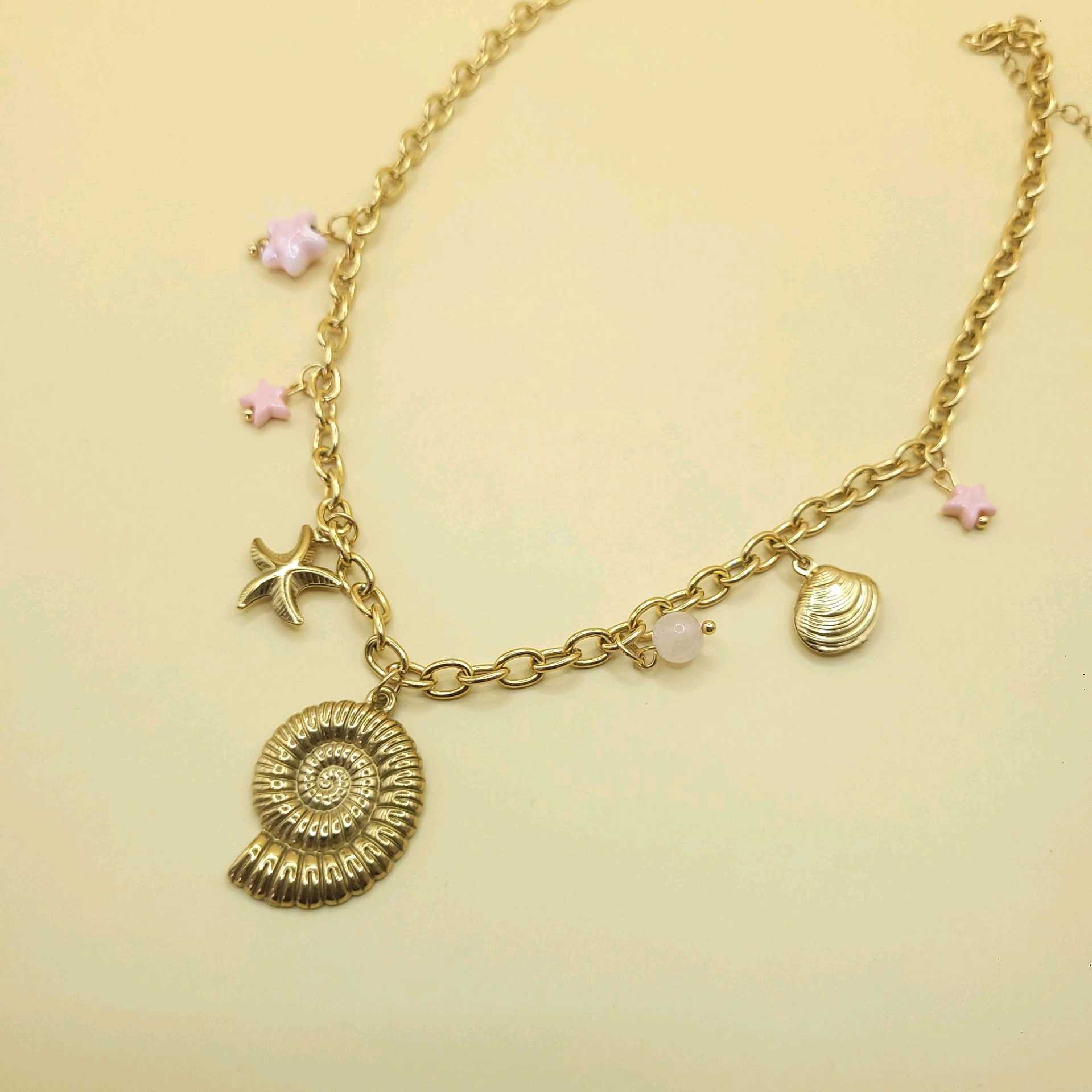 Cadena concha y estrellas rosa / acero inoxidable 
