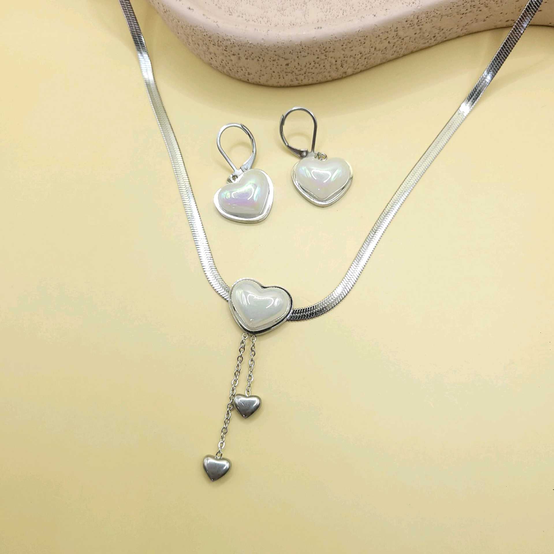 Juego tono plata corazones y colguijes / acero inoxidable 