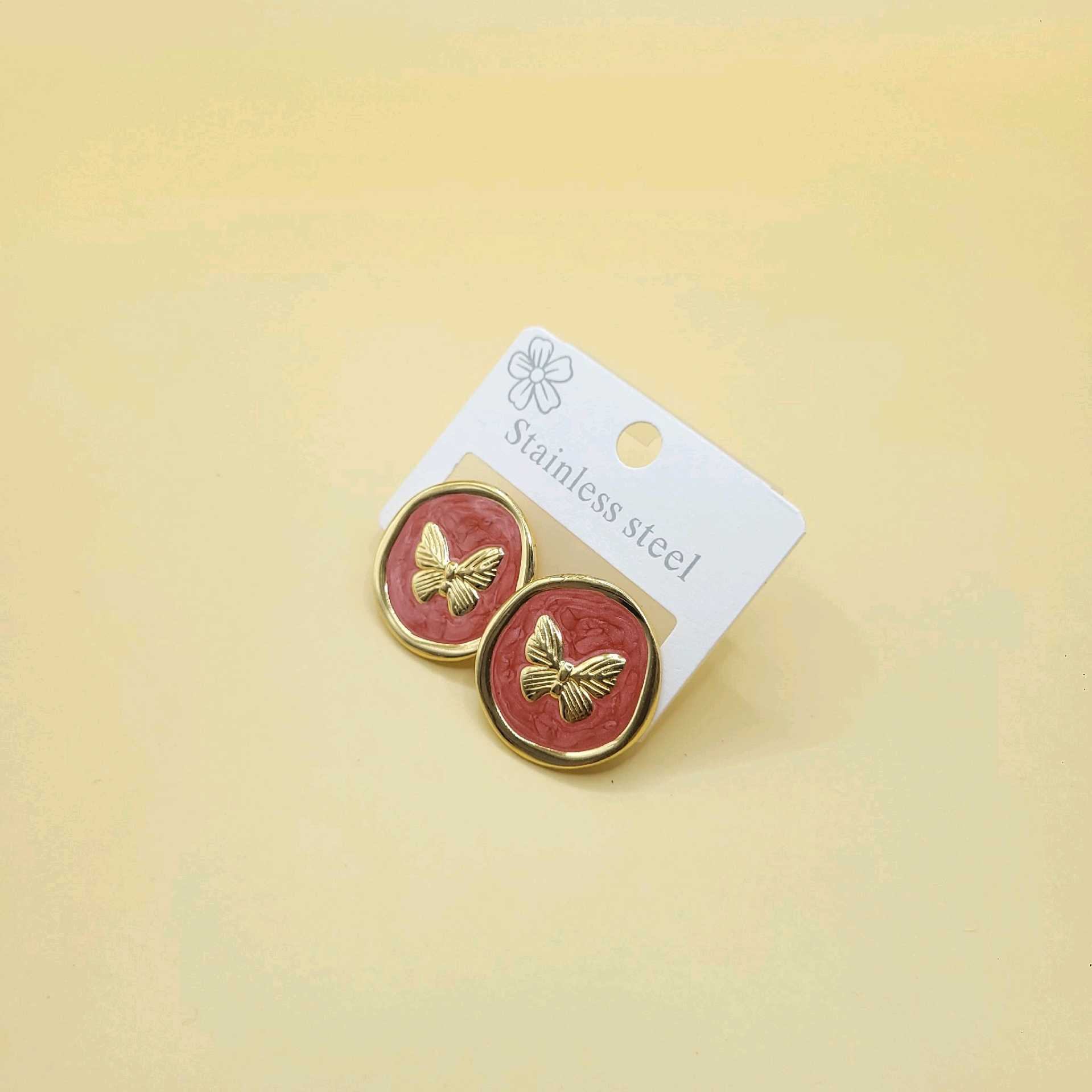 Aretes mariposas y esmaltado rojo/ acero inoxidable 