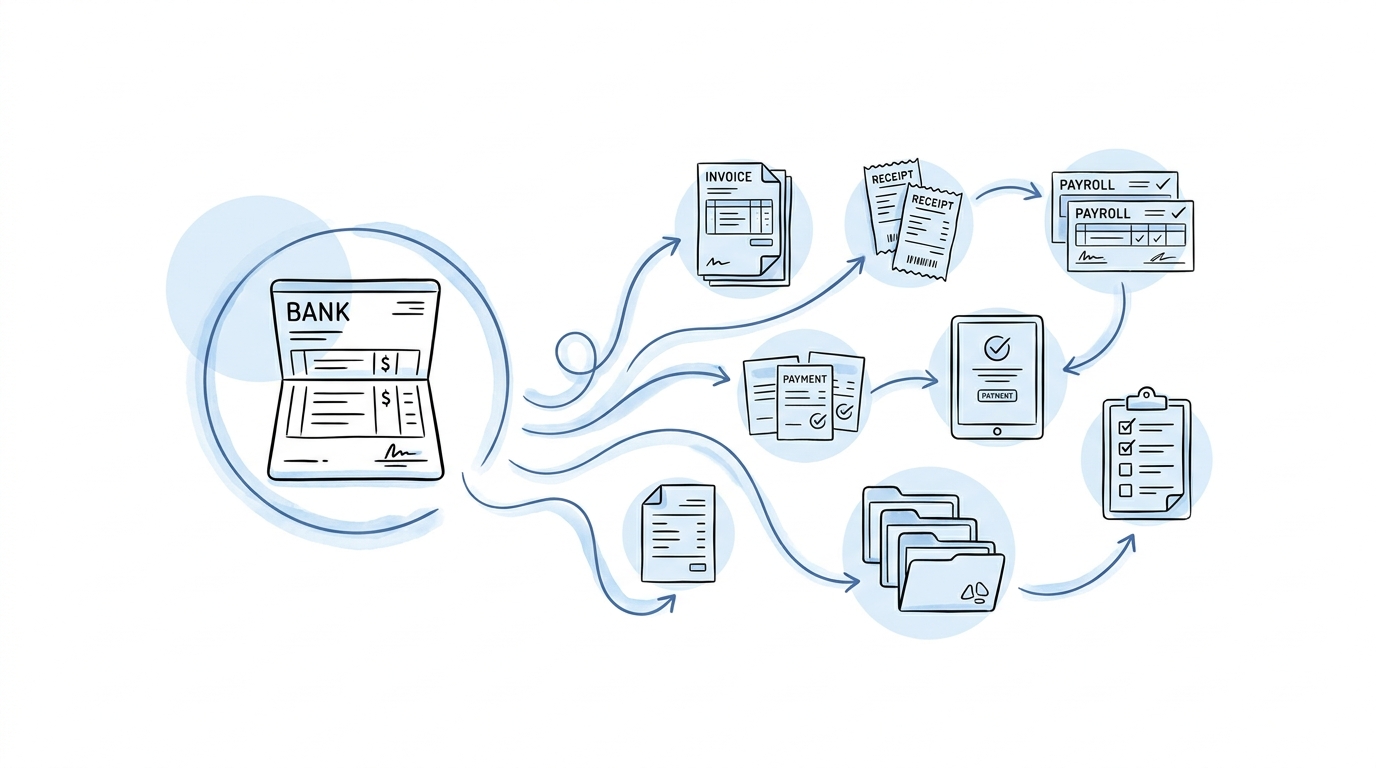 Il·lustració editorial de documents administratius connectats amb extracte bancari, factures i pagaments