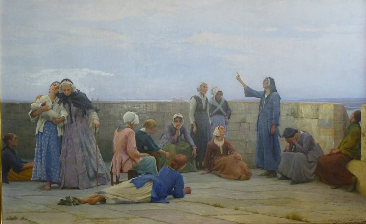Huguenot women prisoners sit and stand on the roof of a stone tower while one woman points to the sky