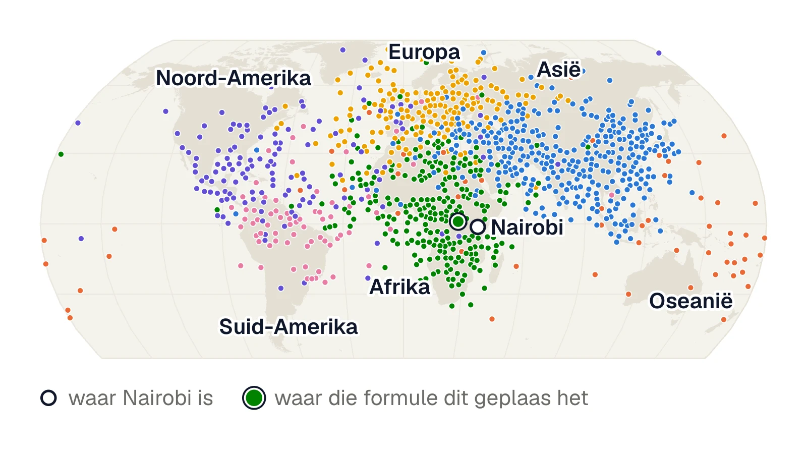 'n Wêreldkaart. Baie stede, gekleur volgens kontinent, val rofweg op die regte kontinente. Nairobi is twee keer gemerk: waar dit regtig is, en waar die formule dit geplaas het