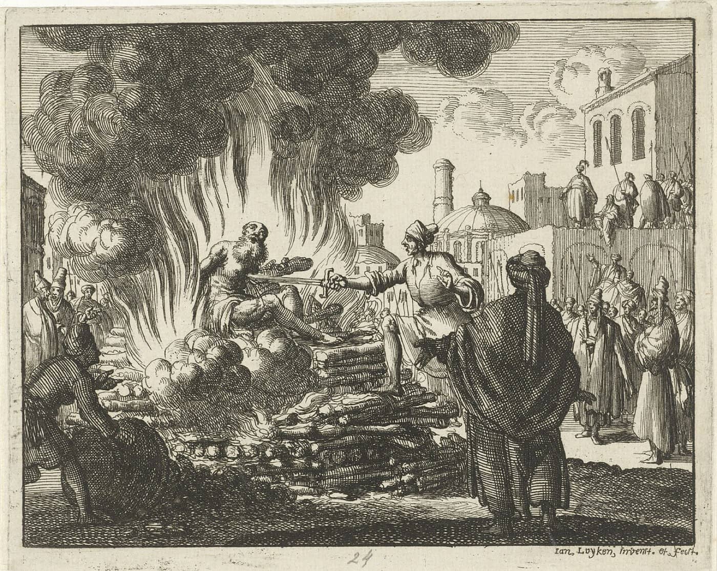 Polycarp sits on a burning pyre while an executioner stabs him and a crowd watches