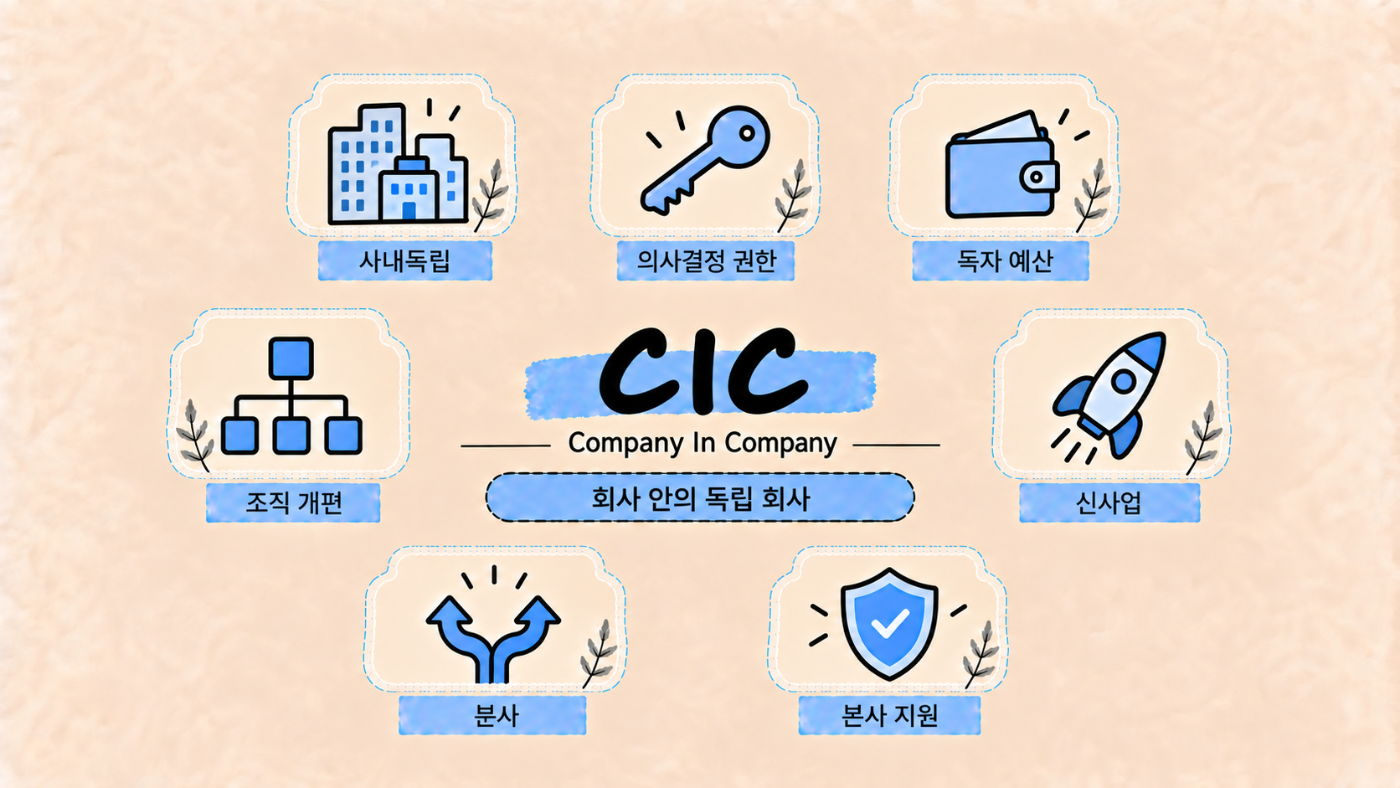 한 회사 안의 사업 조직을 별도 회사처럼 독립적으로 운영하는 조직 형태 CIC(사내독립기업)를 설명하는 이미지