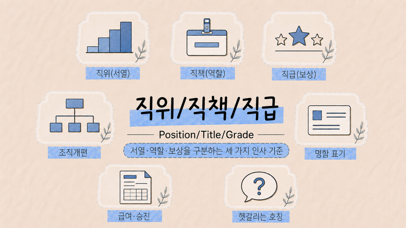 조직 내 위계 서열을 나타내는 직위, 역할과 책임을 나타내는 직책, 역량과 보상을 나타내는 직급의 차이를 설명하는 이미지