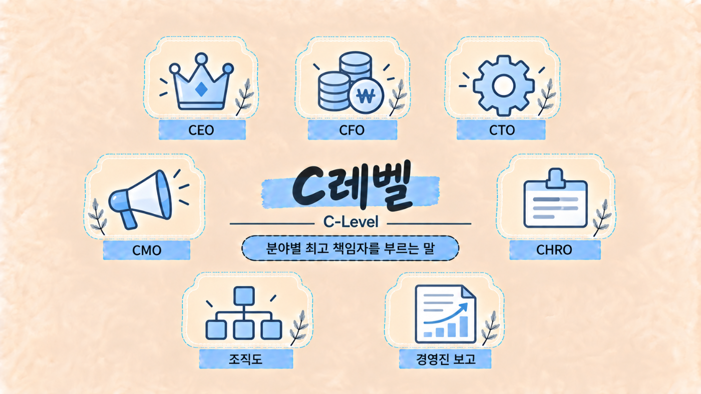 CEO, CFO, CTO처럼 직책명이 Chief로 시작하는 분야별 최고 책임자를 통칭하는 C레벨(C-Level)을 설명하는 이미지