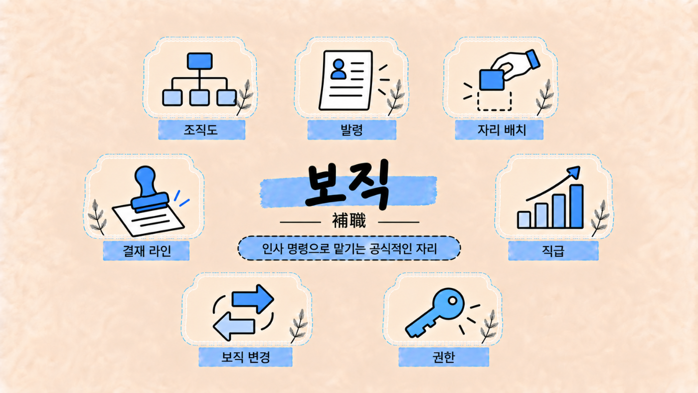 인사 명령으로 특정 직무나 자리를 공식적으로 맡기는 보직을 설명하는 이미지