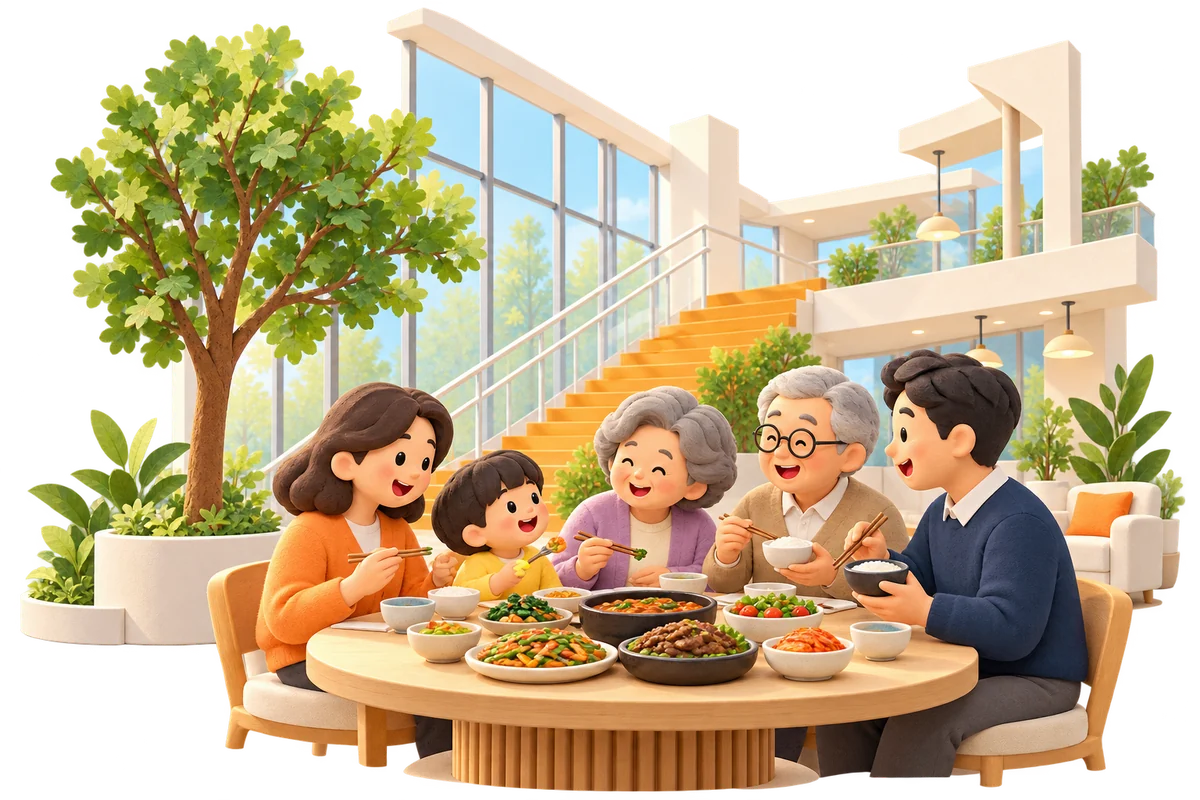 햇살 가득한 회사에서 부모님, 자녀, 손주가 함께 식사를 즐기는 가족 일러스트