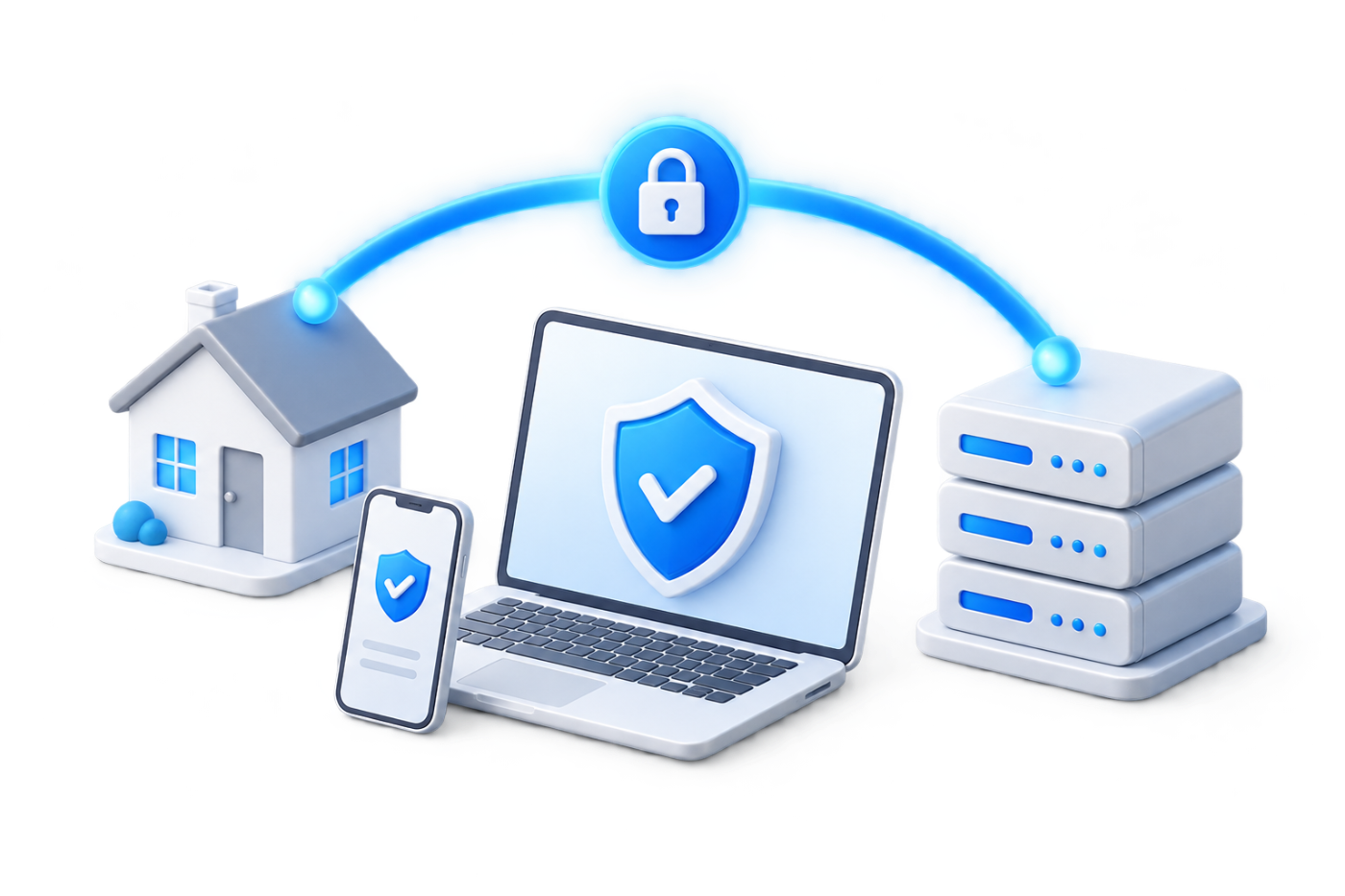 3D illustration of secure remote devices connected to a business network
