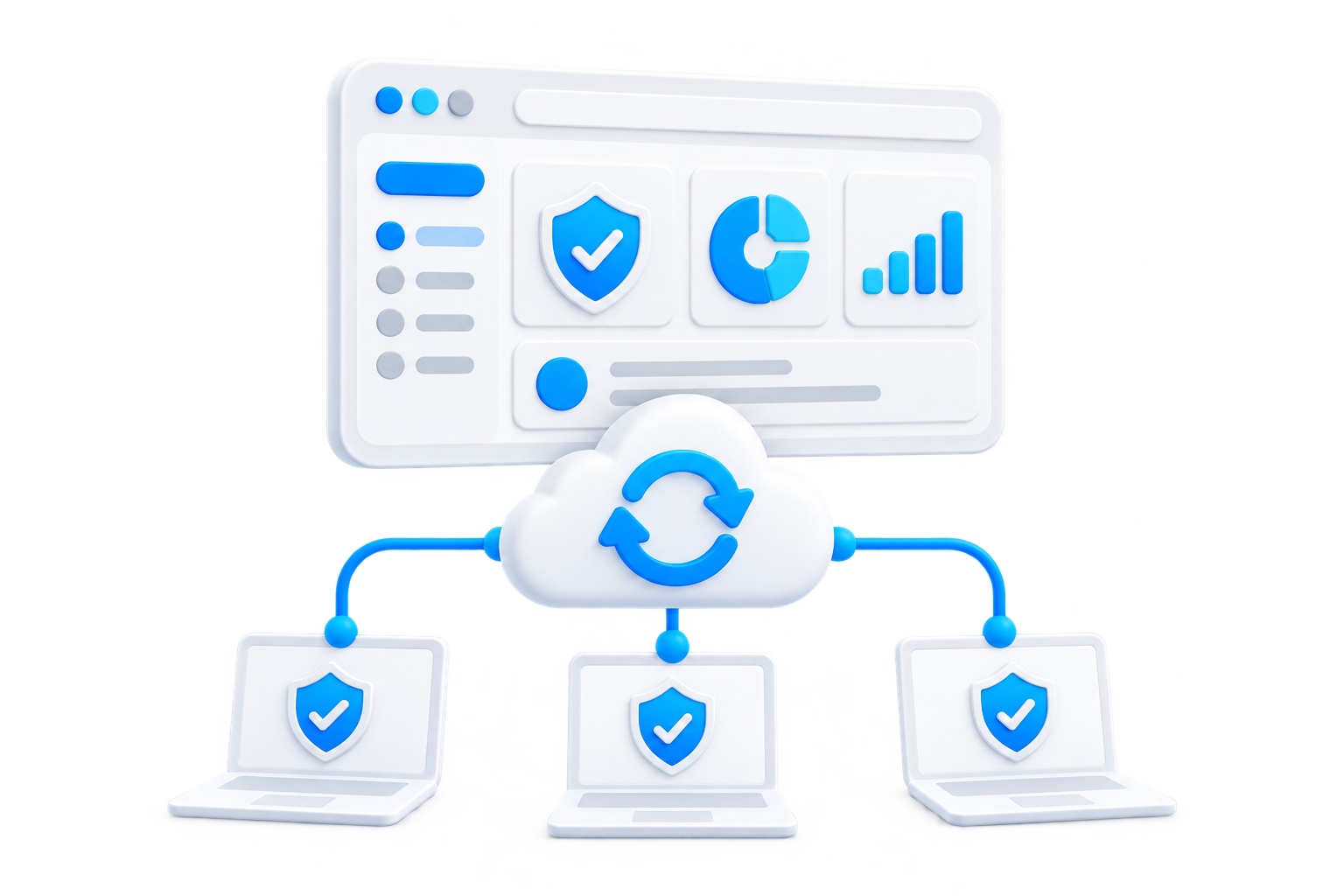 3D illustration of a browser console centrally managing connected laptops through the cloud