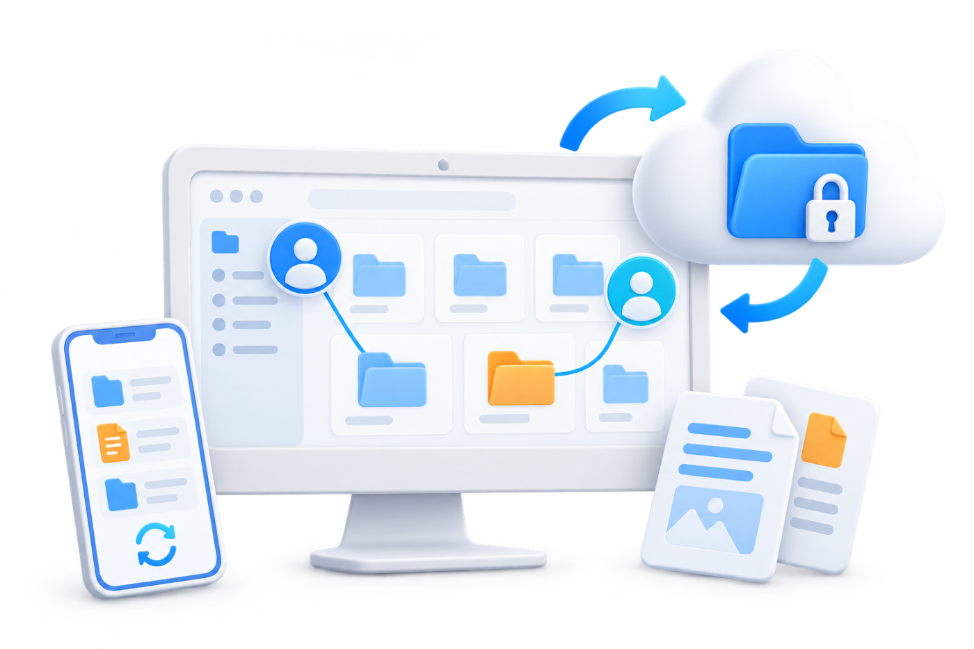 DirectCloud 3D illustration of secure cloud storage and file collaboration