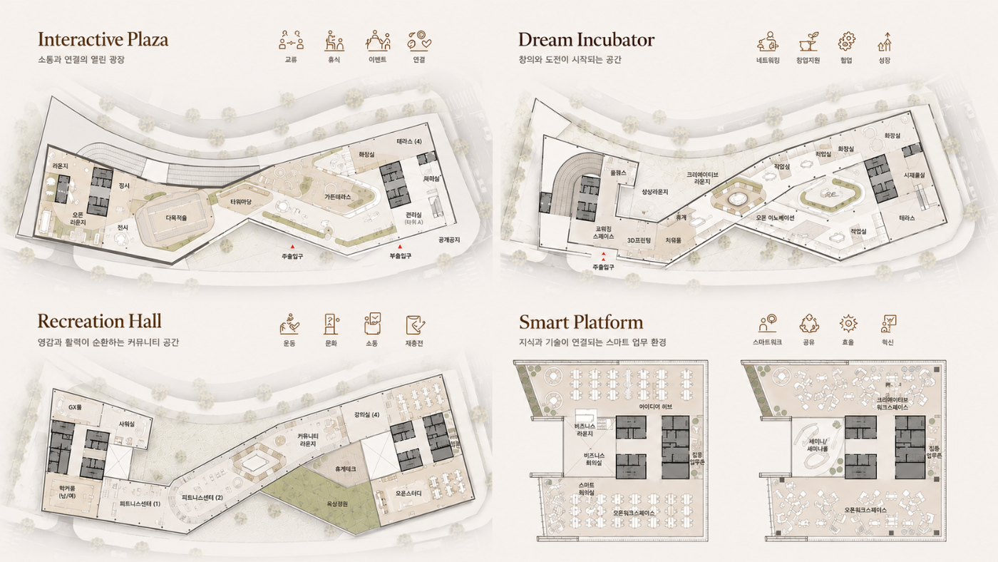 인피니티타워 층별 배치도 — Interactive Plaza · Dream Incubator · Recreation Hall · Smart Platform