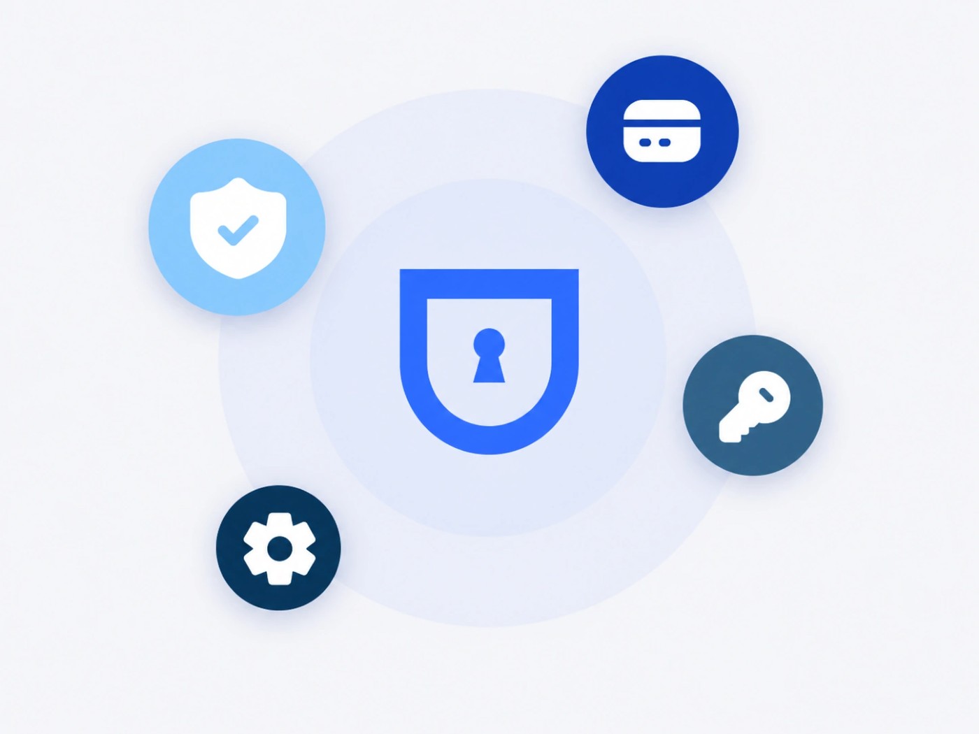 Central vault icon with security, card, key and settings icons