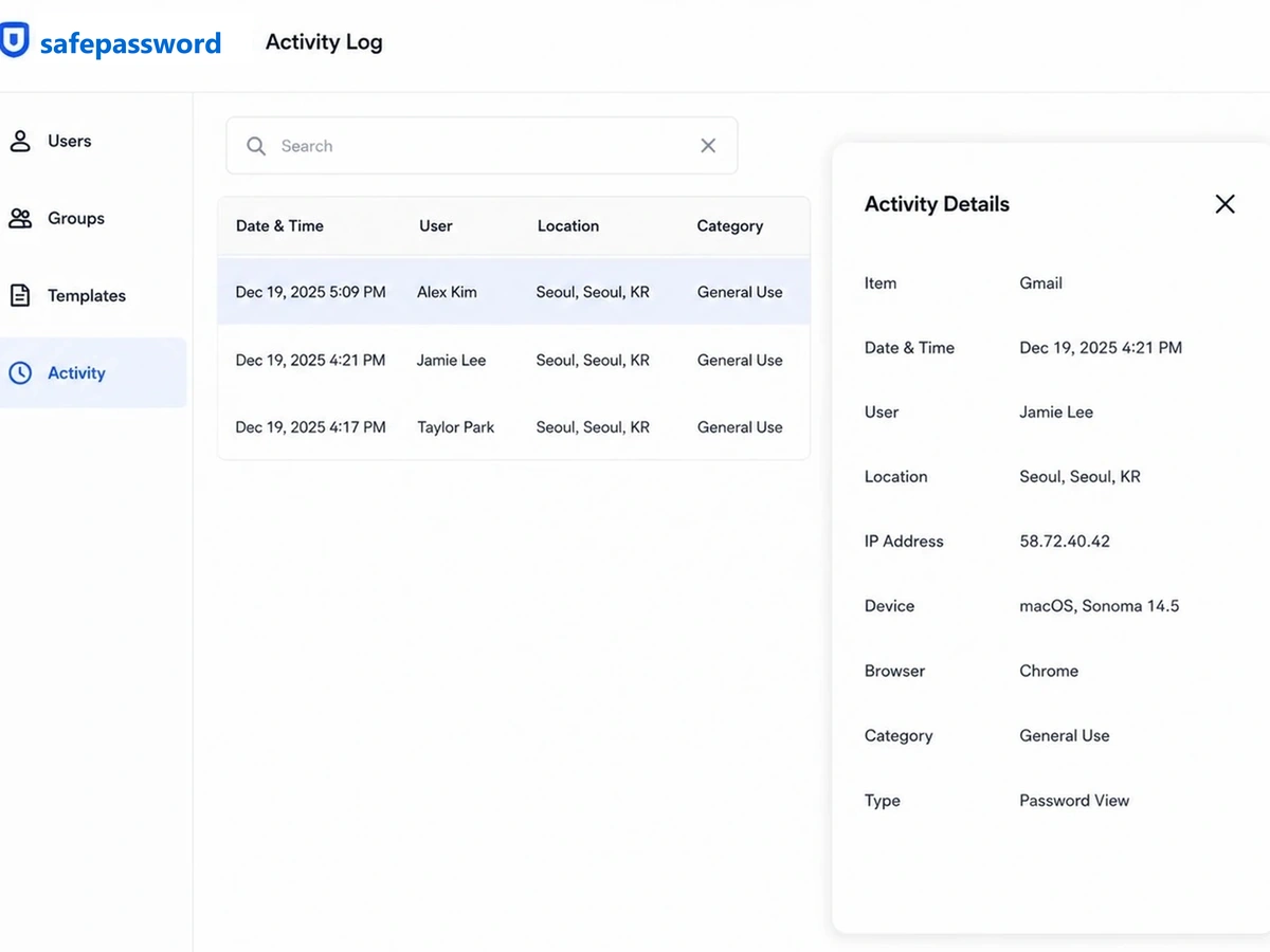 Activity log showing account access history