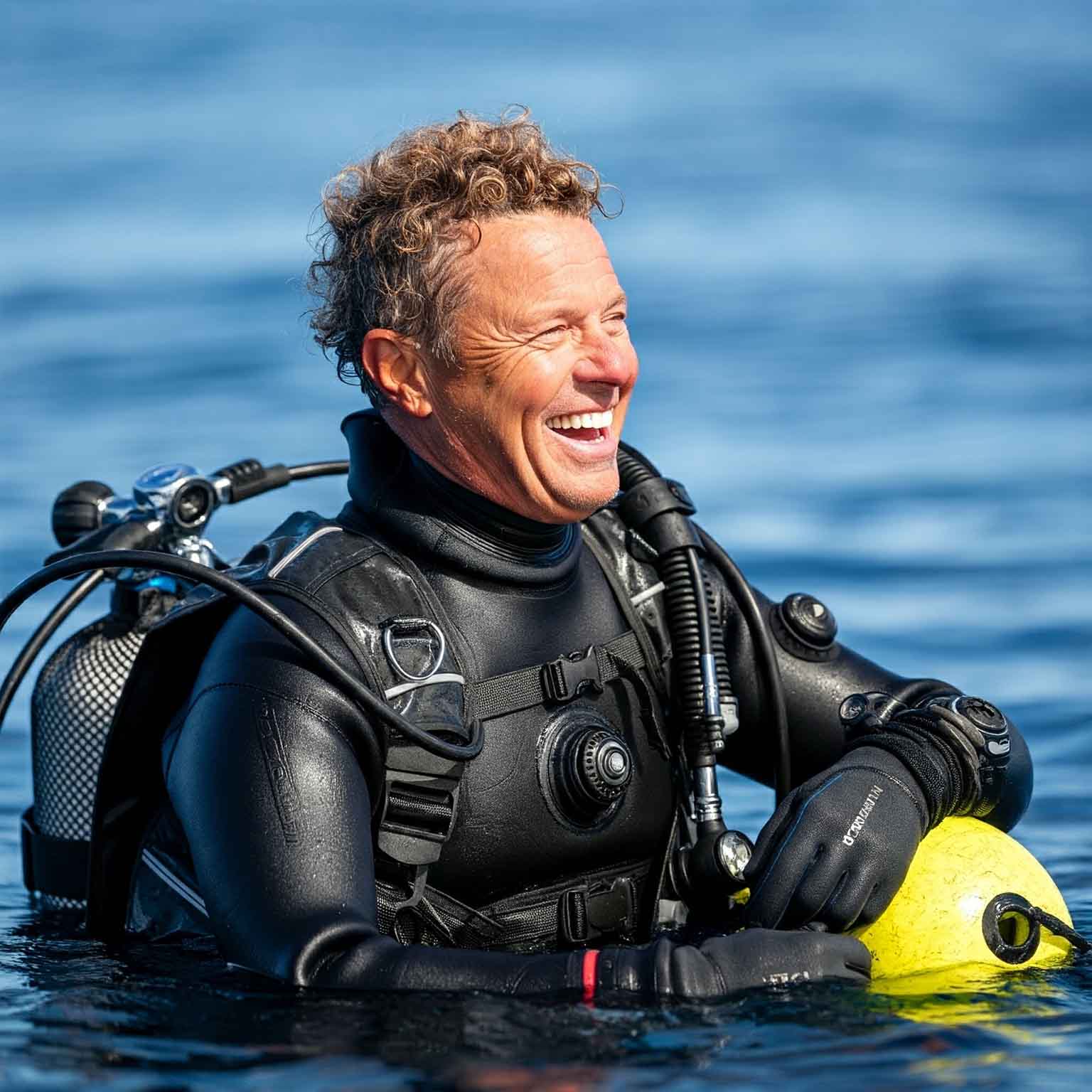 A diver kneels on the seabed during a PADI dive course, writing on a slate with a dive pencil.