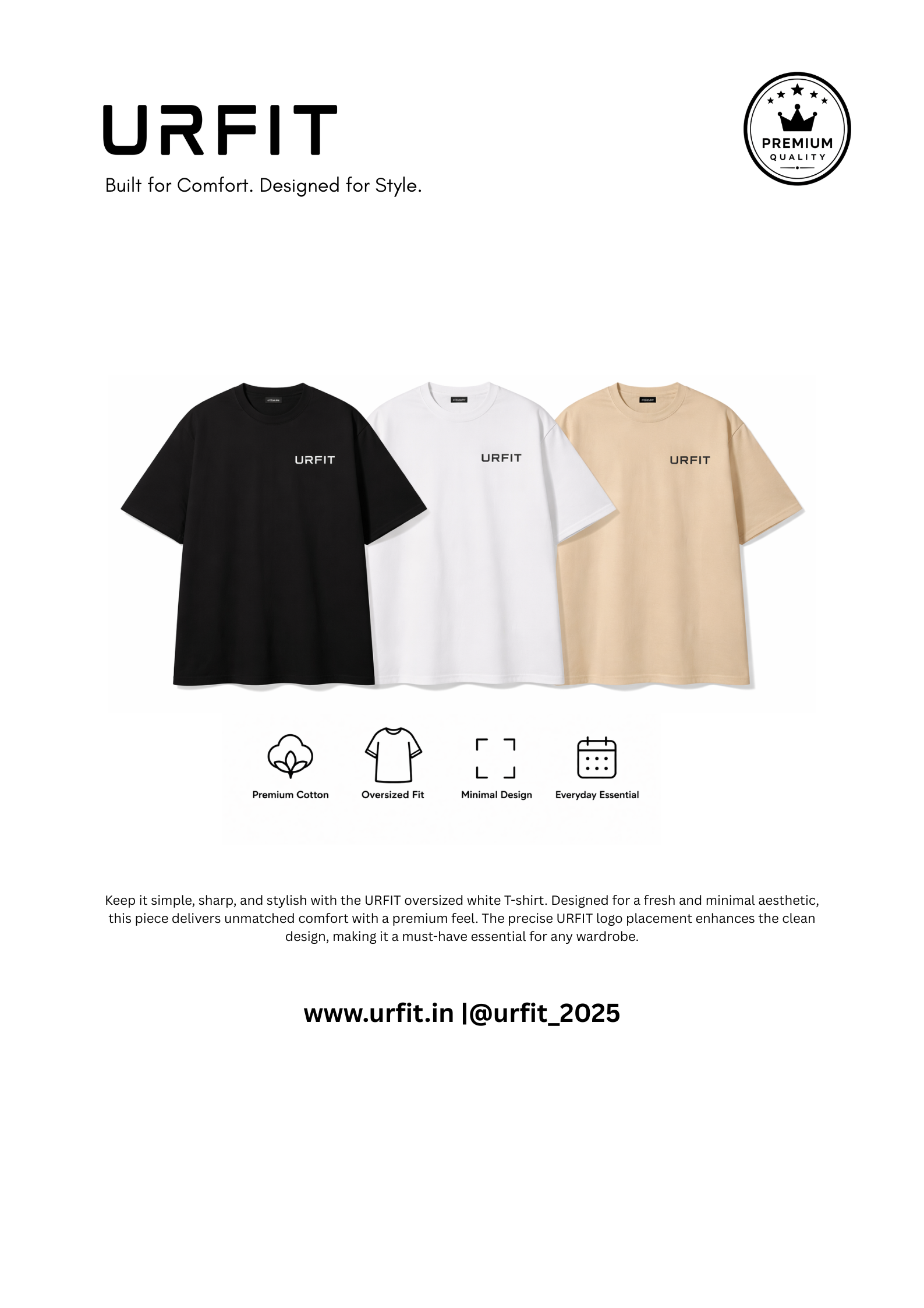 URFIT Premium Oversized French Terry Cotton T-Shirts for Men & Women – Pack of 3 (White, Black, Beige) | 240 GSM | Streetwea… — thumbnail 2