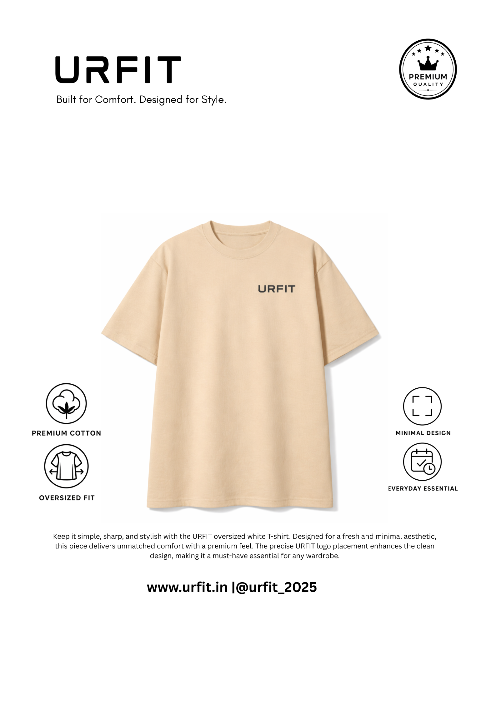 URFIT Oversized Beige T-Shirt – Premium Neutral Edition — oversize-tshirts. oversized t shirt india | URFIT India — thumbnail 2