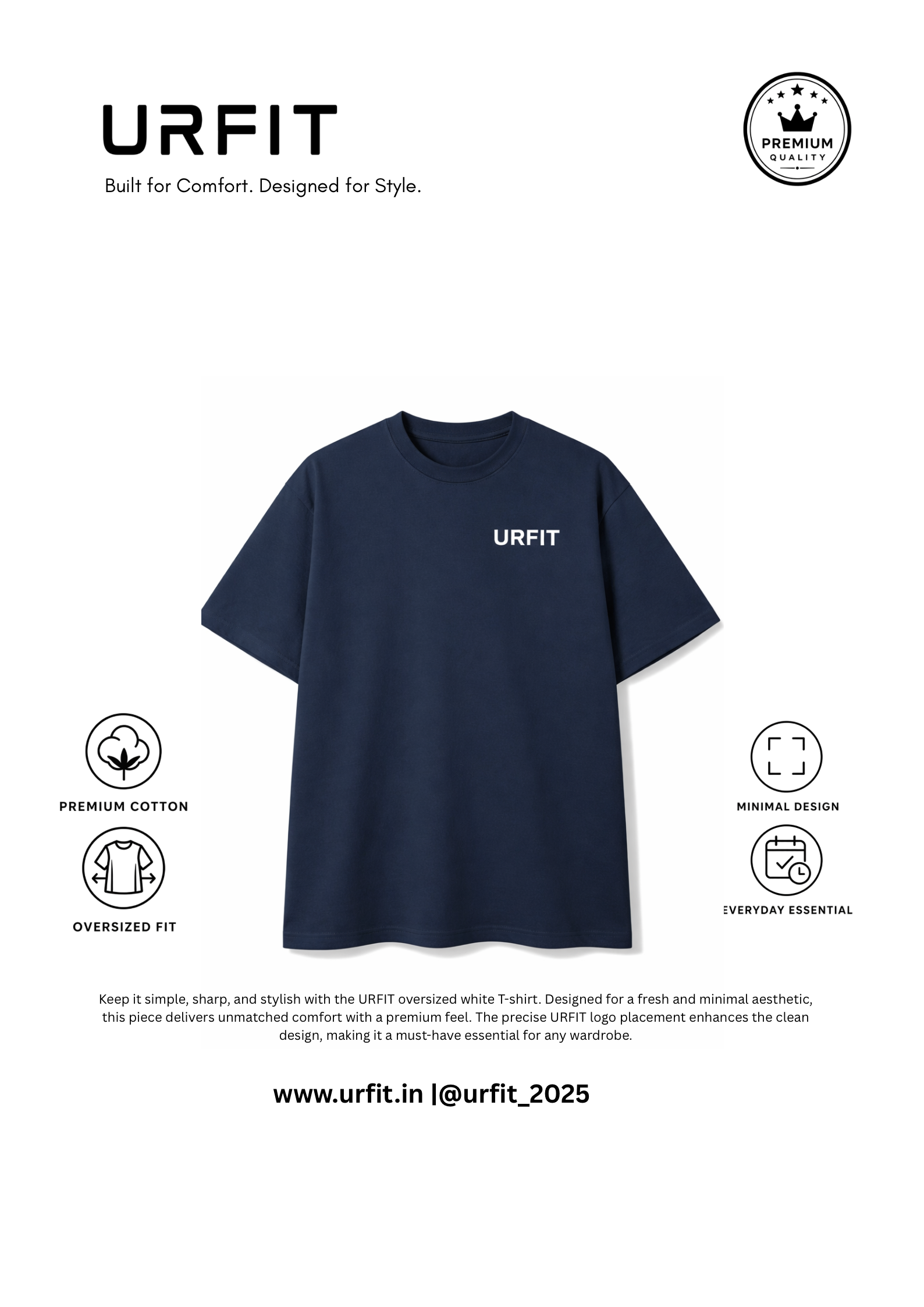 URFIT Oversized Navy Blue T-Shirt – Classic Premium Fit — oversize-tshirts. oversized t shirt india | URFIT India — thumbnail 2